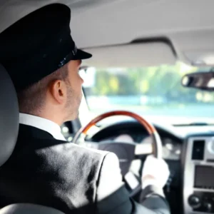 10 Tips in Choosing the Right Airport Transfer Service 4 Chauffeur checking on passengers through the rearview mirror, highlighting ZechionRide’s attentive luxury transportation services in NYC.