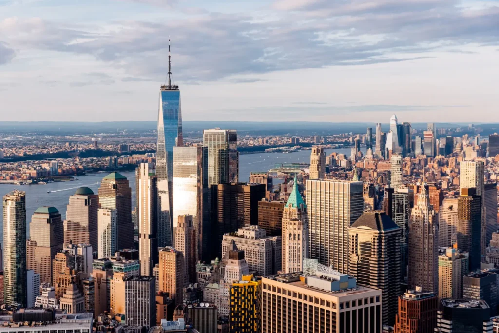 Overhead view of New York City skyline with skyscrapers and urban landscape