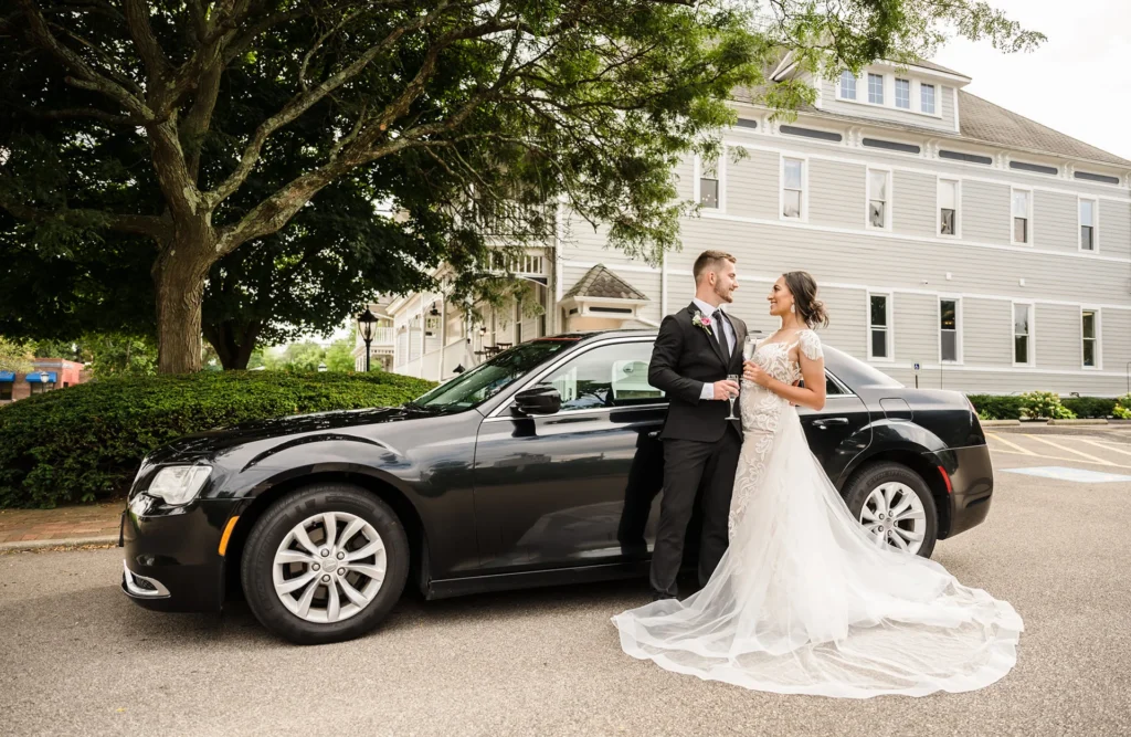 Wedding Transportation 4 Chrysler 300 limousine decorated for a wedding promoting luxury wedding transportation services