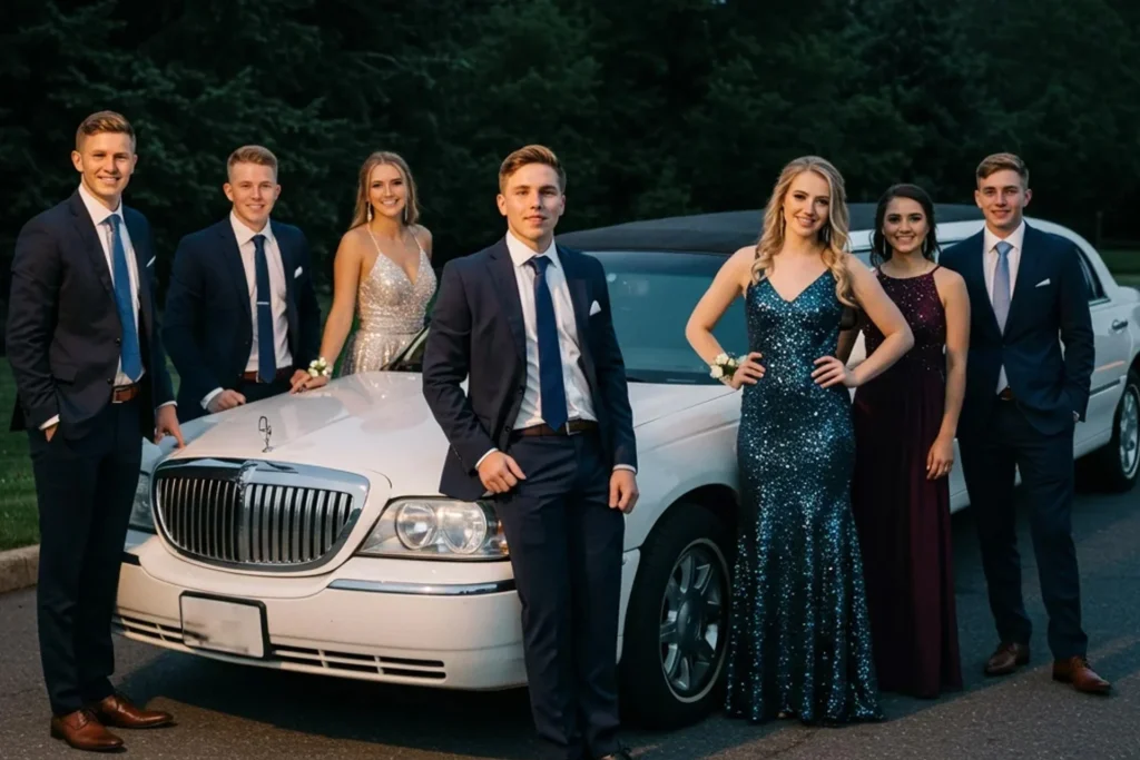 Prom Chauffeurs 5 Group of people poses in front of a limousine, ready for prom event