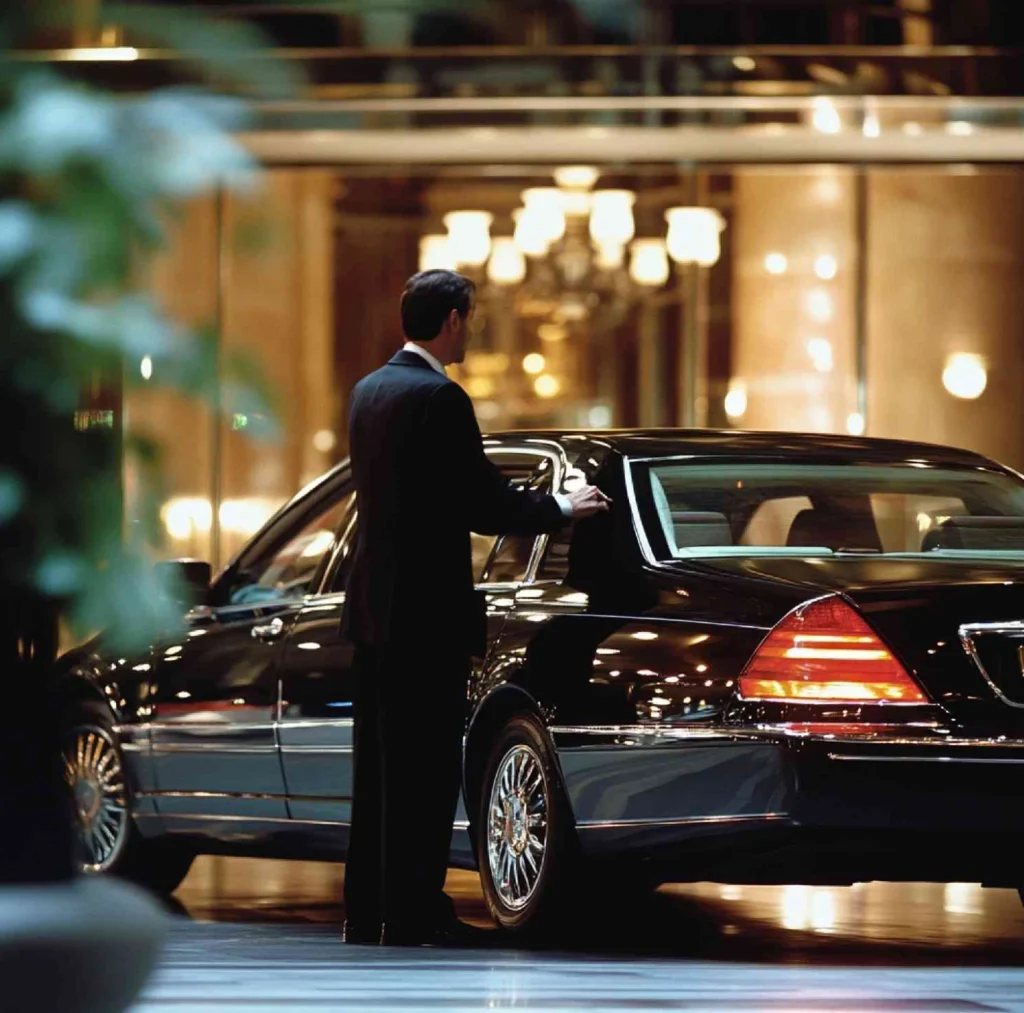 Hotel Transportation 4 Man in formal attire stands by a black car highlighting limo options for NYC hotel travel