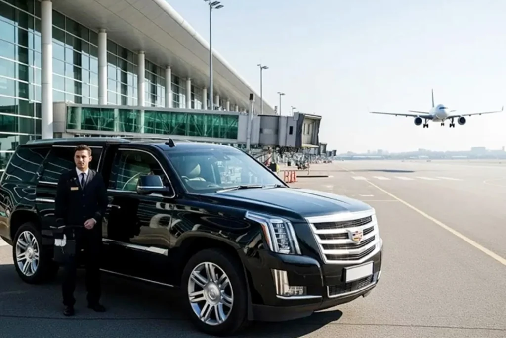 Man stands beside a black Cadillac SUV, ready for airport transfer service at the airport