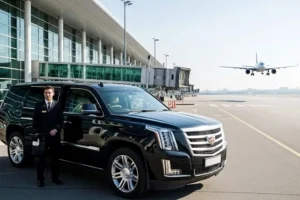 NYC Airport Transfers with ZechionRide – Reliable, Premium & Stress-Free Travel (2025 Guide) 2 Man stands beside a black Cadillac SUV, ready for NYC airport transfer service at the airport