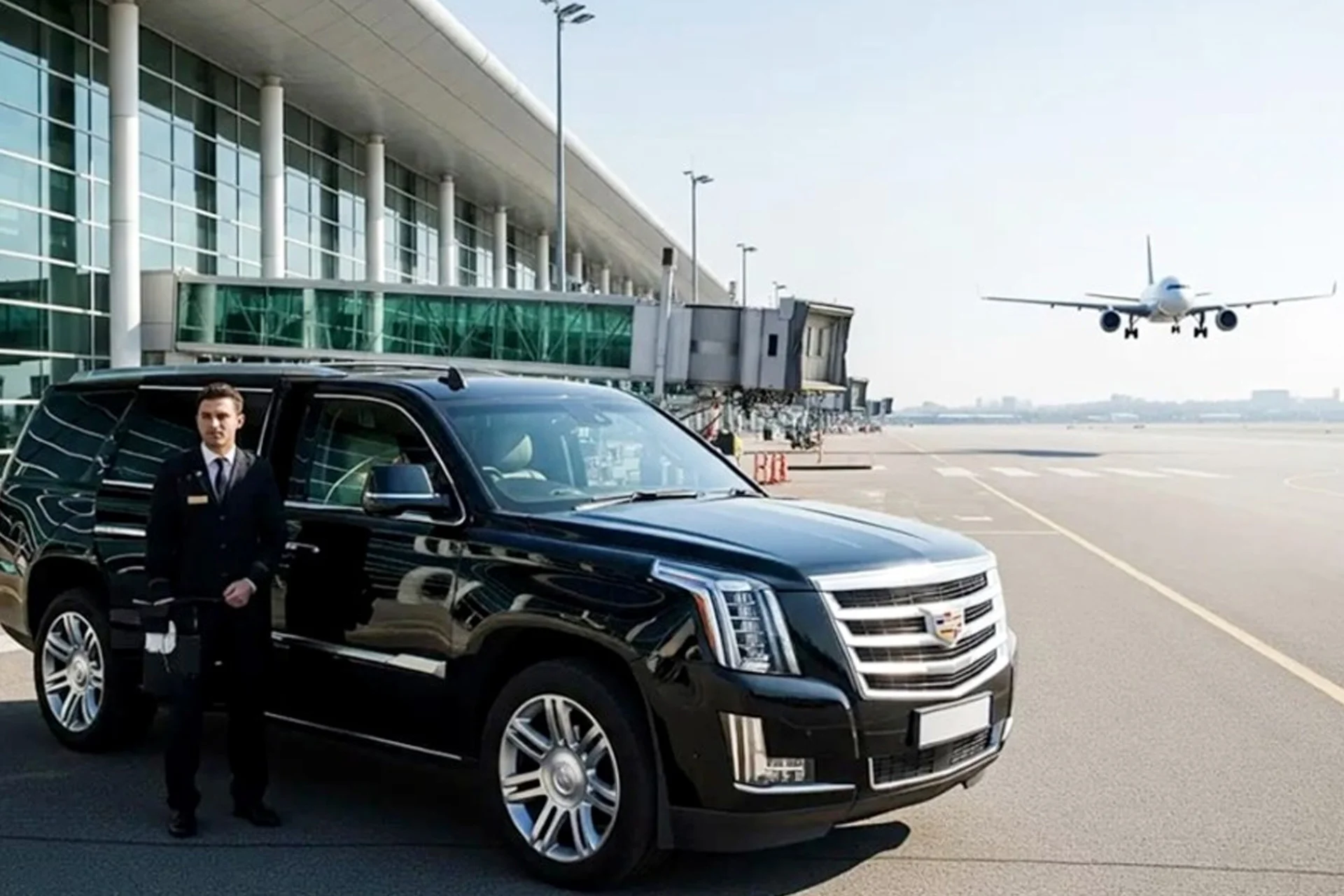 Man stands beside a black Cadillac SUV, ready for airport transfer service at the airport