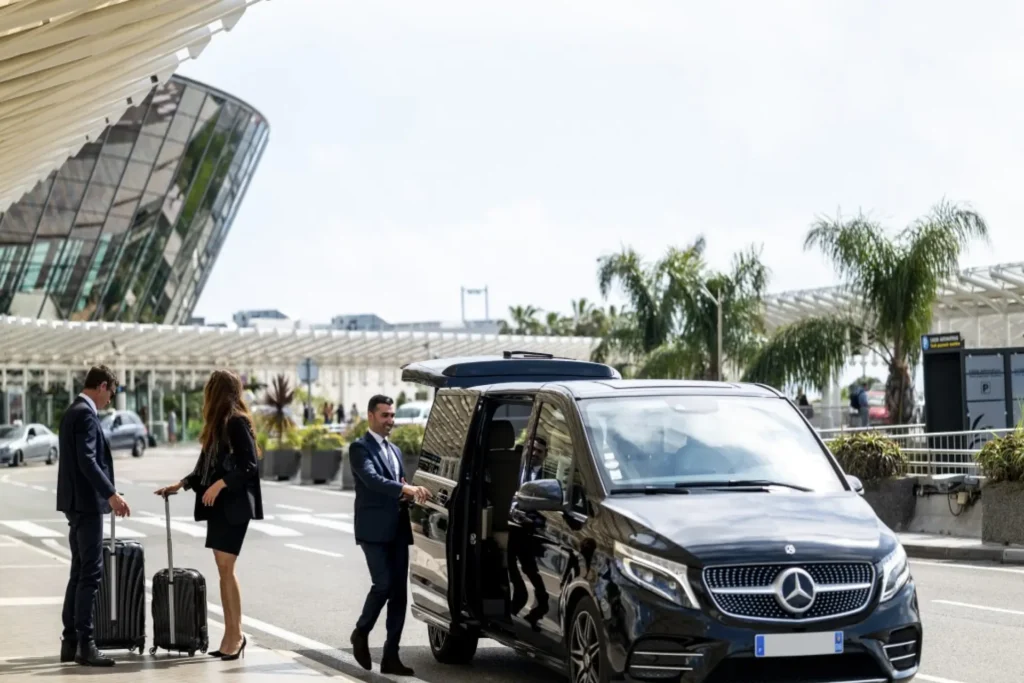Mercedes-Benz V-Class limousine parked at the airport, ready for luxury transportation services