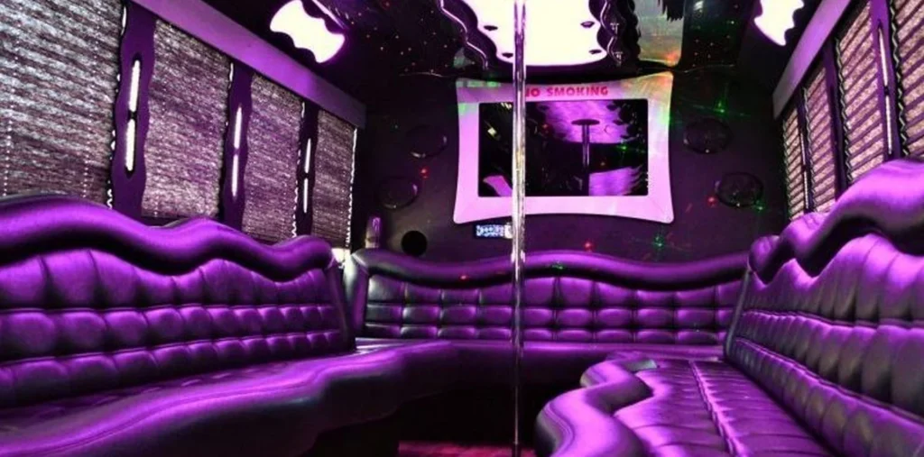 Party bus featuring luxurious leather seats, perfect for a night out with friends