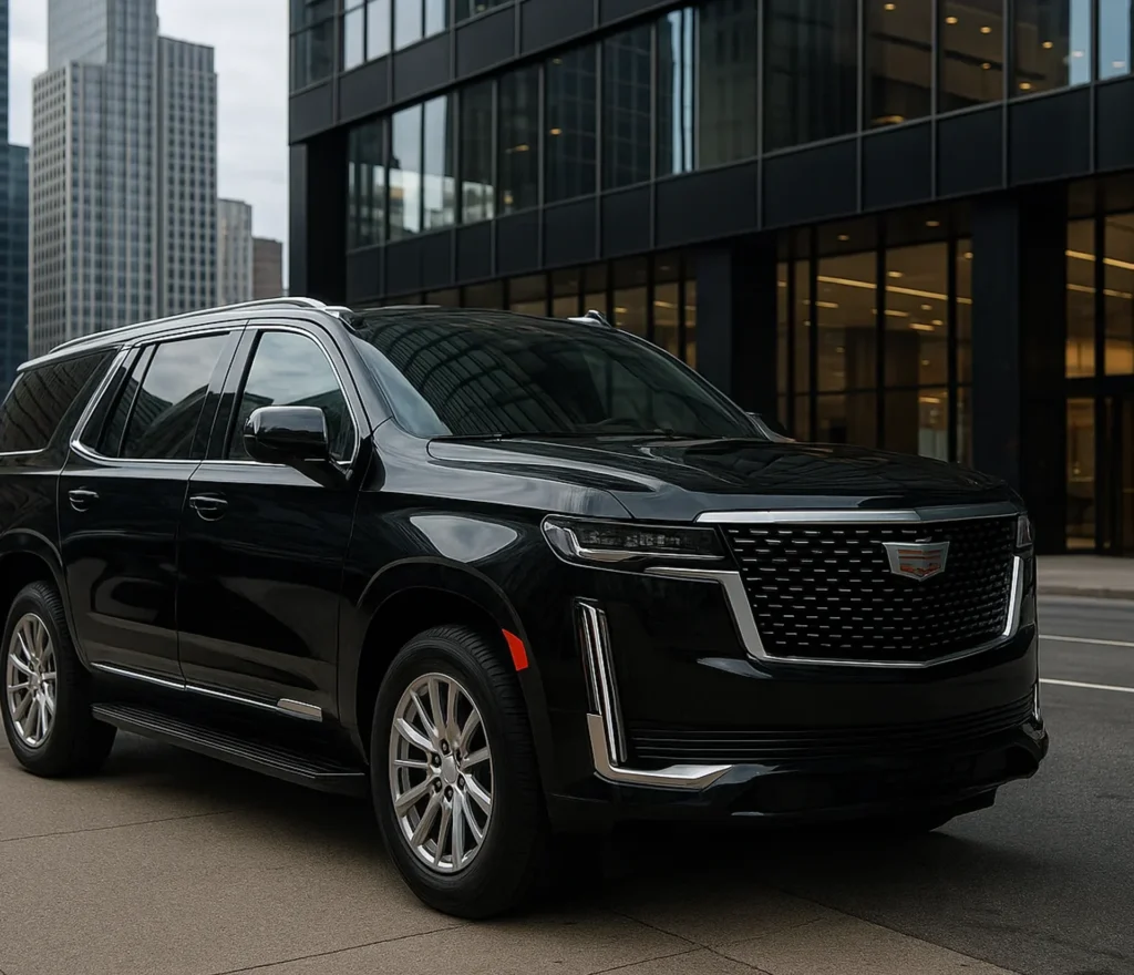 Los Angeles 2 2020 Cadillac Escalade parked in front of a tall building, showcasing elegance and sophistication for any event
