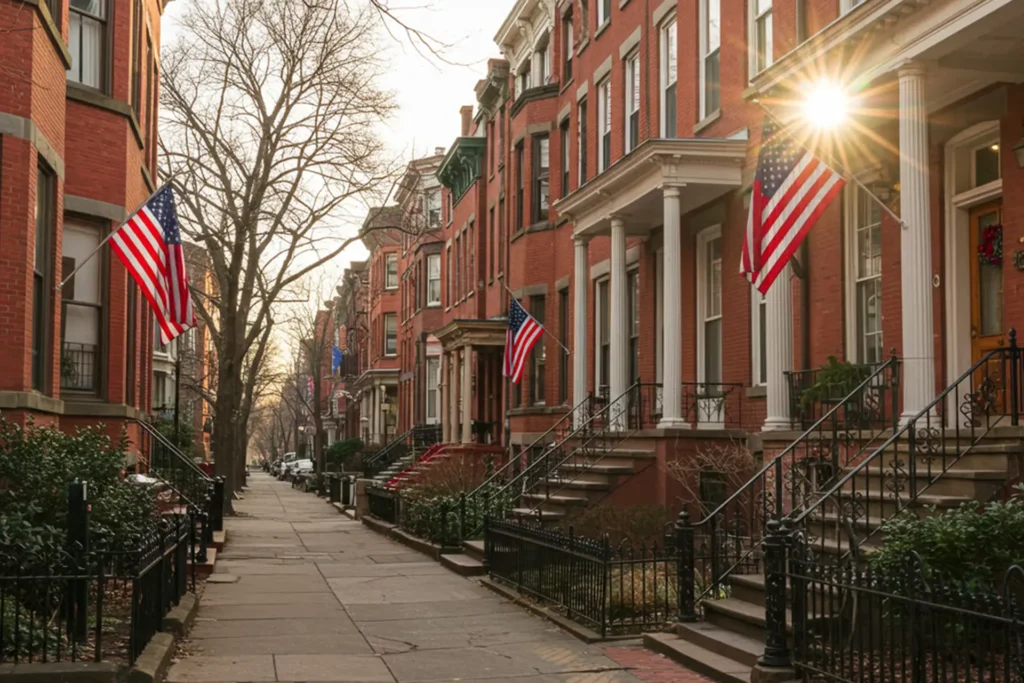 A row of red brick buildings in an upscale residential and dining neighborhood in Chicago