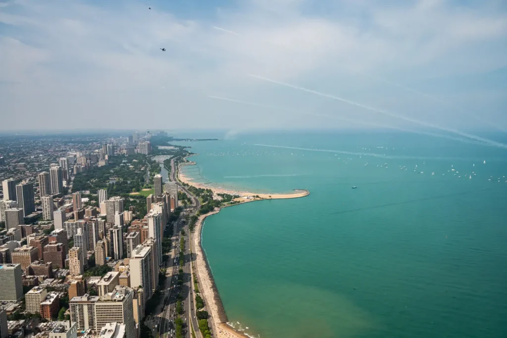 Aerial view of Chicago, showcasing the lakefront and vibrant cultural districts of the city