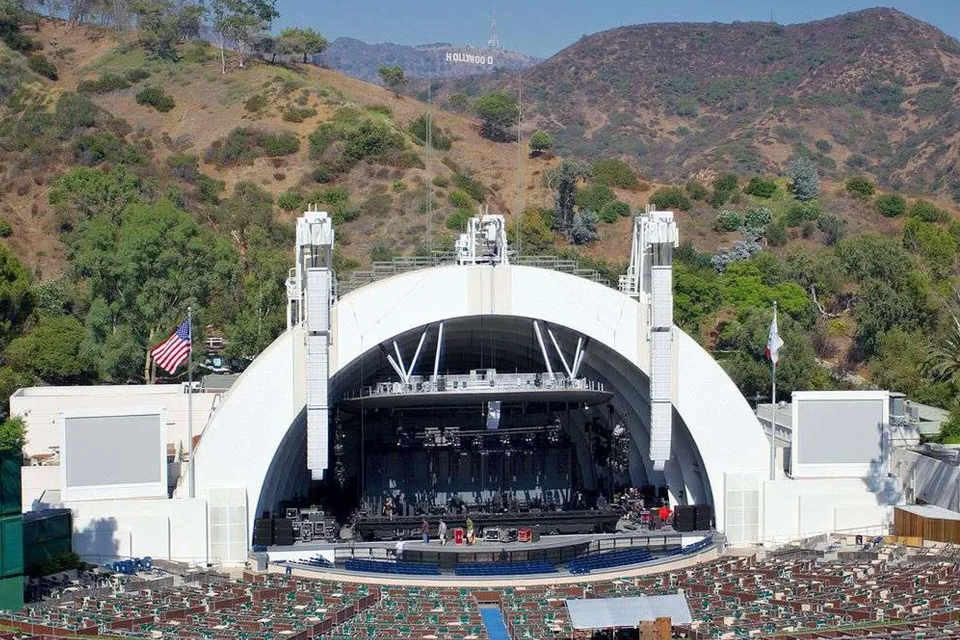 Los Angeles 18 Hollywood Bowl in Los Angeles, featuring its distinctive amphitheater design set against a clear blue sky