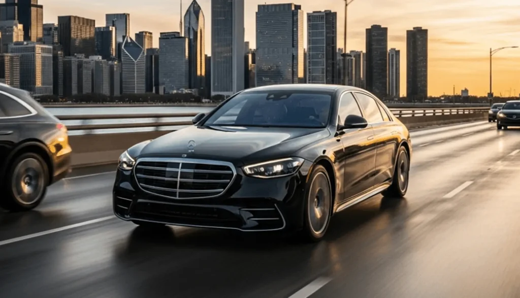 Chicago 7 Mercedes S-Class cruising on a highway, with Chicago's skyline and buildings in the background, highlighting local knowledge