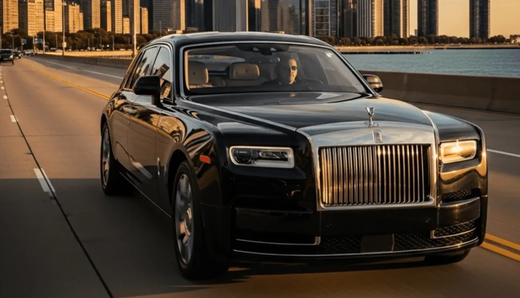 Chicago 6 Sleek Rolls Royce cruising on a highway, with the city of Chicago's skyline in the background, epitomizing luxury travel