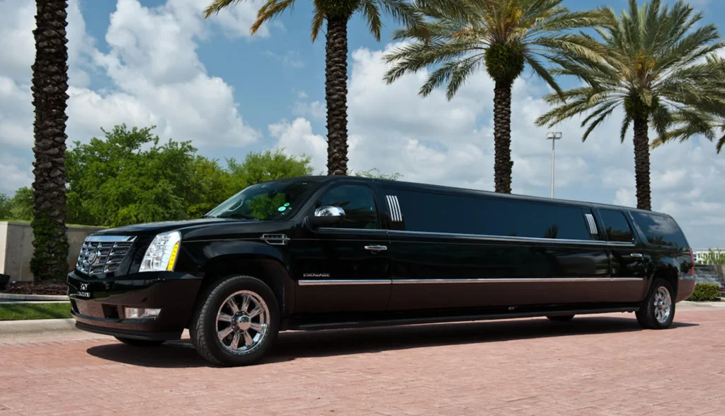 Florida Luxury Limousines vs. Traditional Transportation 8 Limousine stands in front of palm trees, showcasing Florida Luxury Limousines
