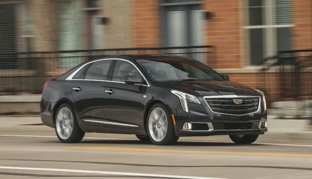 2019 Cadillac XTS driving down a city street showcasing its sleek design ideal for limo rental services
