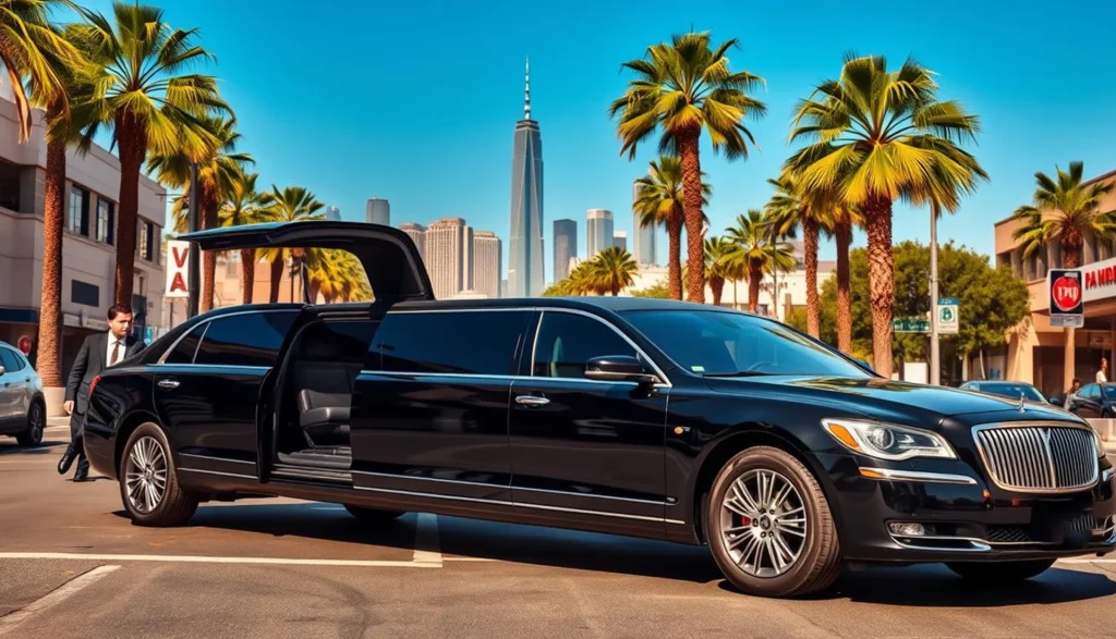 Black limousine parked in front of palm trees, showcasing luxury in a Los Angeles setting
