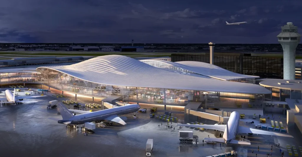 Chicago Airport with several planes parked in front, showcasing a busy aviation hub