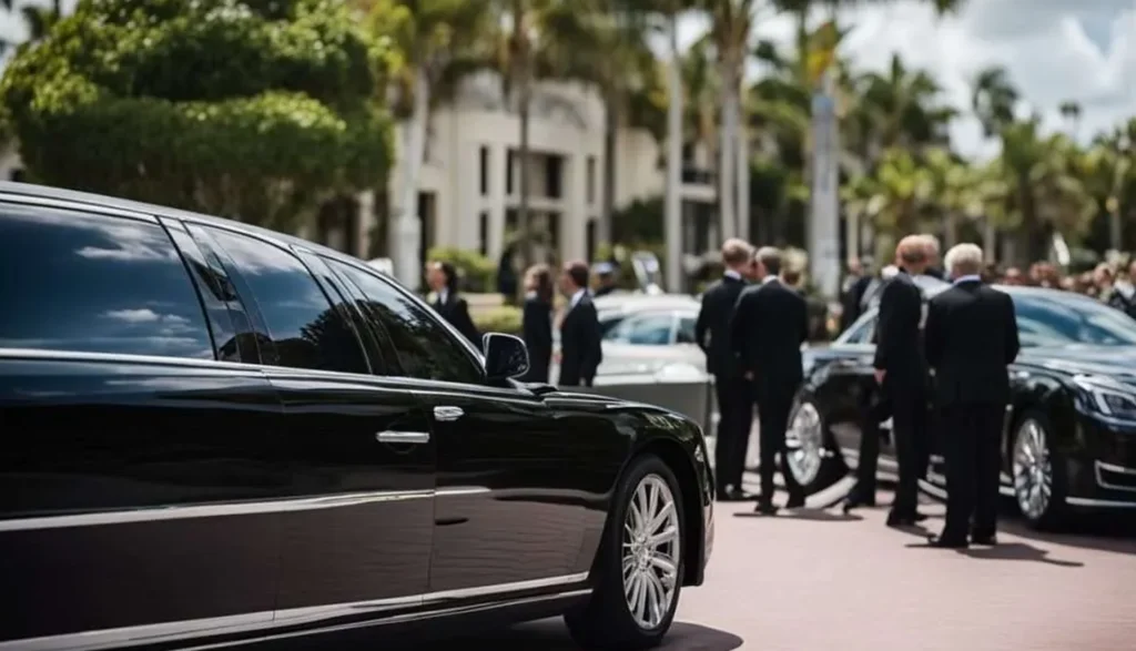 Group of people in suits stands around a black limousine, suggesting a formal arrival for a Florida holiday