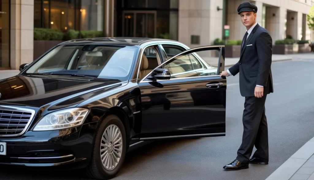 Man in a suit stands beside a black Mercedes, representing Perfect Limousine Service in Florida