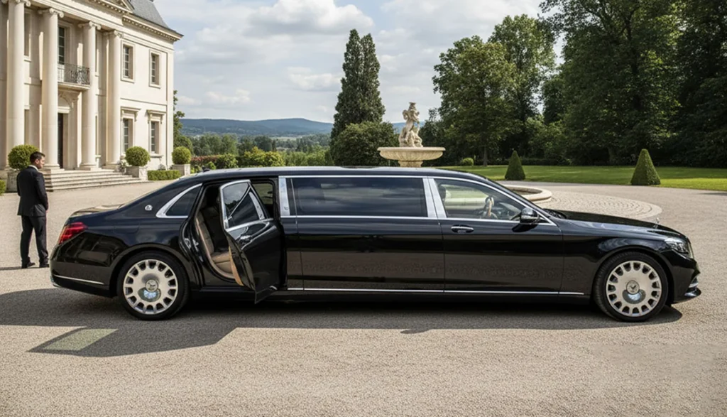 Articles 47 Maybach limousine parked elegantly in front of a luxurious mansion, showcasing opulence and style