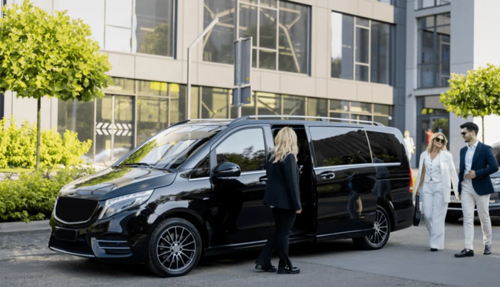 Mercedes-Benz V-Class limousine parked, showcasing luxury car services in Los Angeles