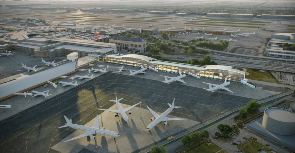 Chicago Airport with several planes parked in front, showcasing a busy aviation hub