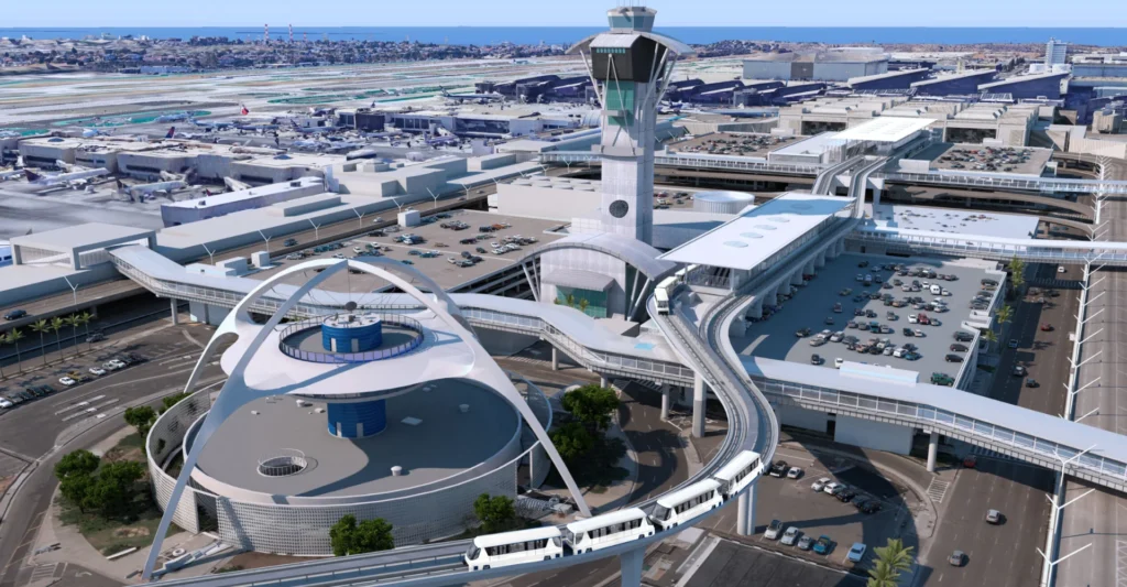 View of Los Angeles Airport with a prominent terminal and a train nearby, showcasing transportation options