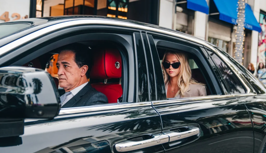 Articles 46 Woman relax in a luxury limousine, highlighting comfort and elegance for holiday travel in Los Angeles