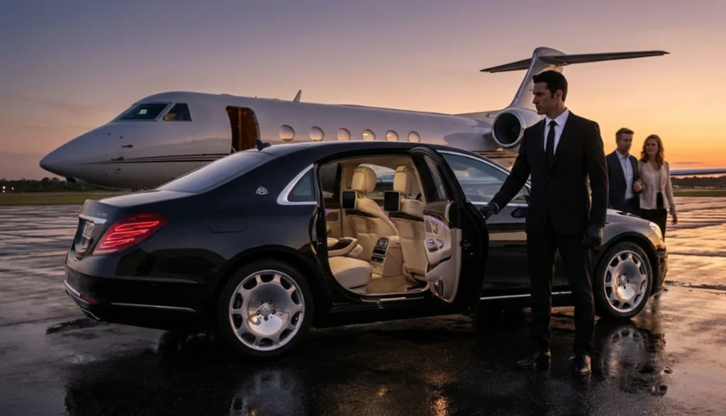 A man in a suit stands beside a luxury car and private jet, showcasing an elite travel experience