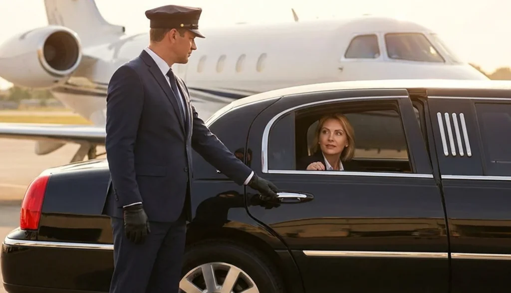 A man in a suit stands beside a luxury limo, promoting chauffeur services for various occasions