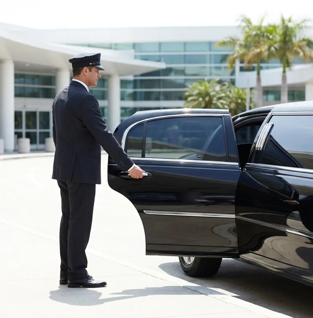 A suited man opens a limousine door preparing for a special occasion at the airport