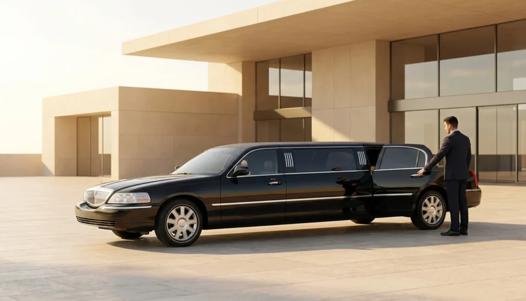 A suited man stands next to a limousine, representing an airport limousine service for stylish and comfortable travel