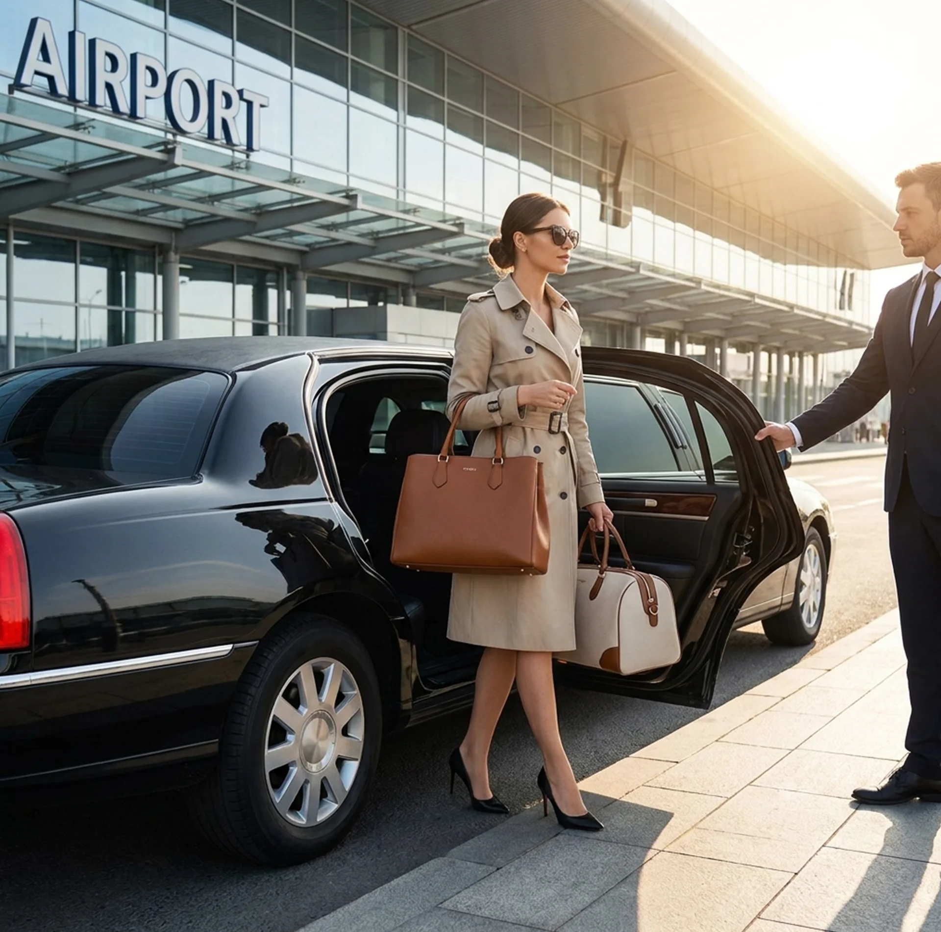 Chauffeur has opening a door for women her step out from limousine