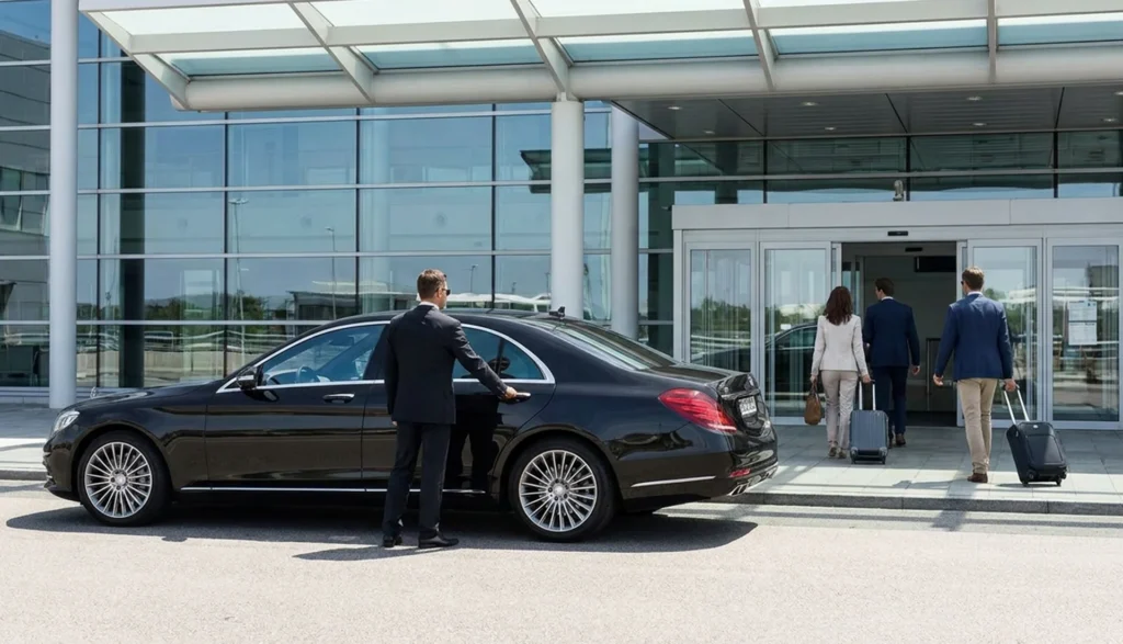 Group of business professionals in front of a limousine at the airport, ready for departure