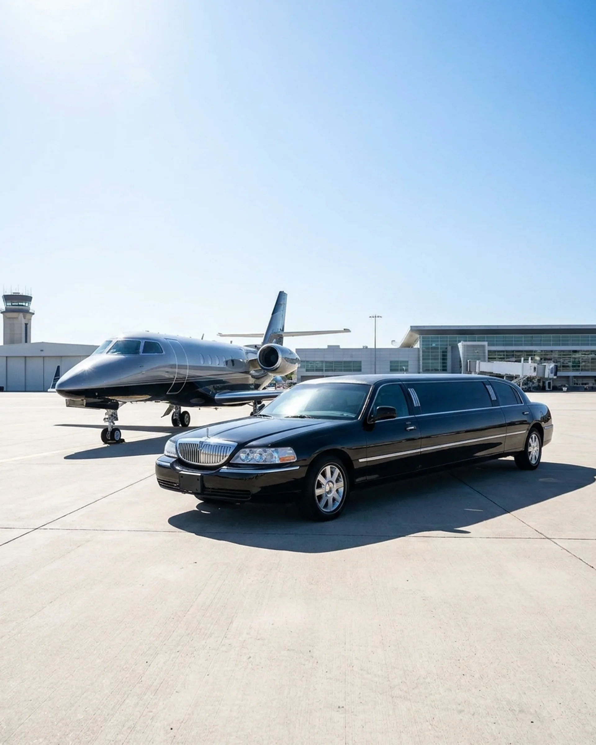 Limousine parked beside a private jet, indicating luxury travel to the airport