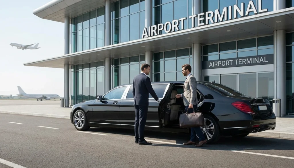Luxury Limousine Service at airport terminal with chauffeur assisting businessman beside a black executive limo for VIP airport transfer