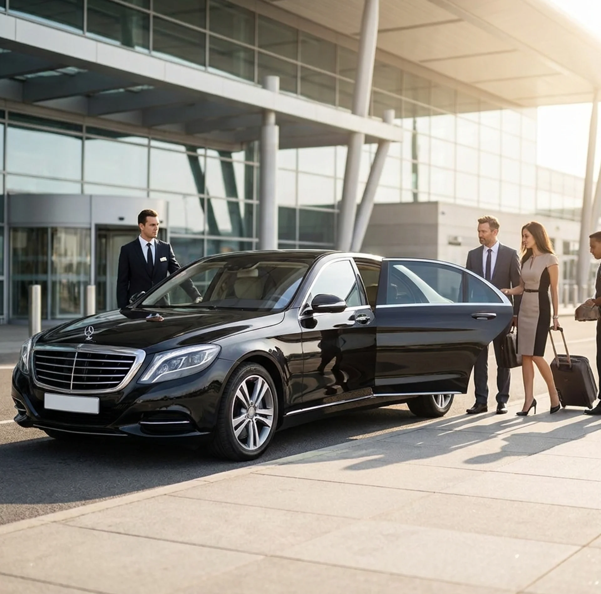 Luxury limousine service at airport terminal with chauffeur assisting business travelers beside a black executive sedan and luggage