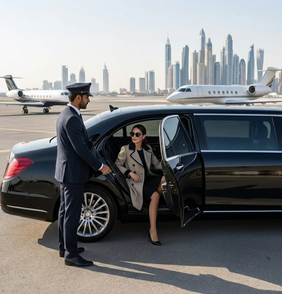 Man and woman entering a black limousine, ready for their ride with an airport chauffeur service