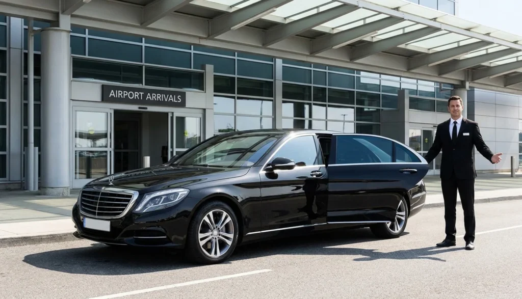 Man in a suit stands beside a black Mercedes, representing an executive airport chauffeur service