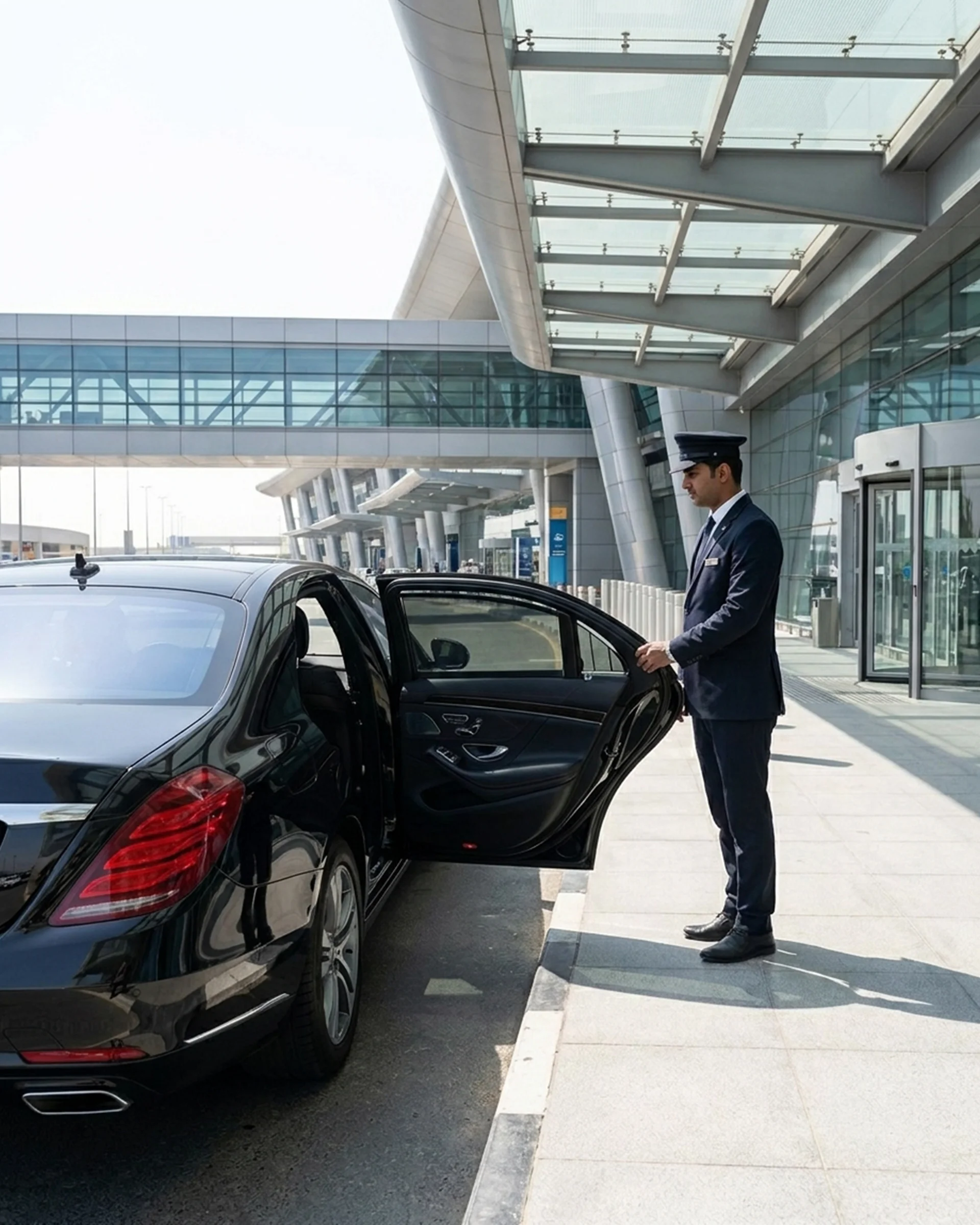 Man in a suit stands beside a black limousine, ready for an airport transfer