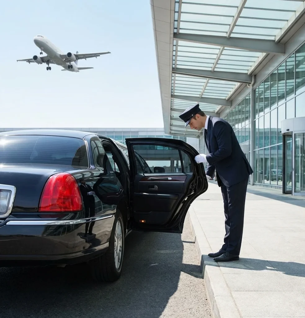 Man in a suit stands beside a limousine, representing an airport chauffeur service