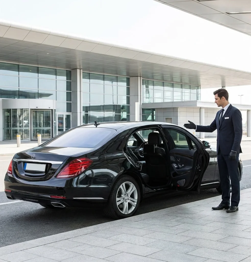 Suited man stands next to a limousine indicating an airport chauffeur service