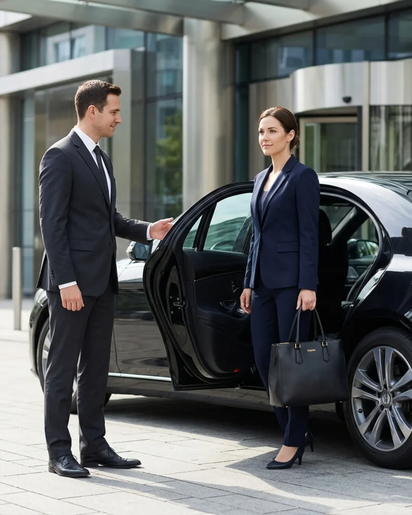 Why Is an Executive Chauffeur Service Becoming the Preferred Choice for Luxury Travel? 3 Executive chauffeur assisting a businesswoman from a luxury car outside an office building