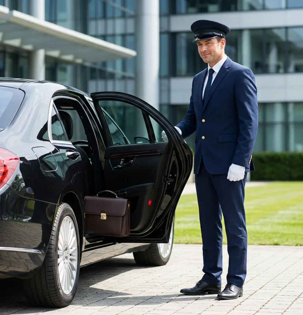 Why Is an Executive Chauffeur Service Becoming the Preferred Choice for Luxury Travel? 2 Suited man poses by a stylish black car, highlighting the sophistication of VIP Limo Service's Executive Chauffeur Service