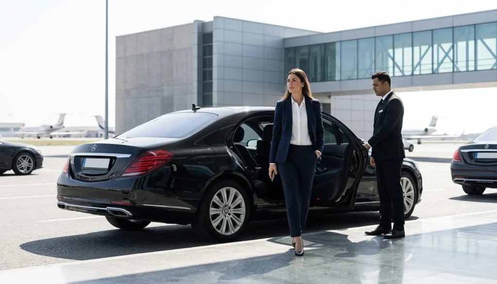 Home 22 Business professionals existing from an executive sedan at the airport, ready for travel to a meeting or special event