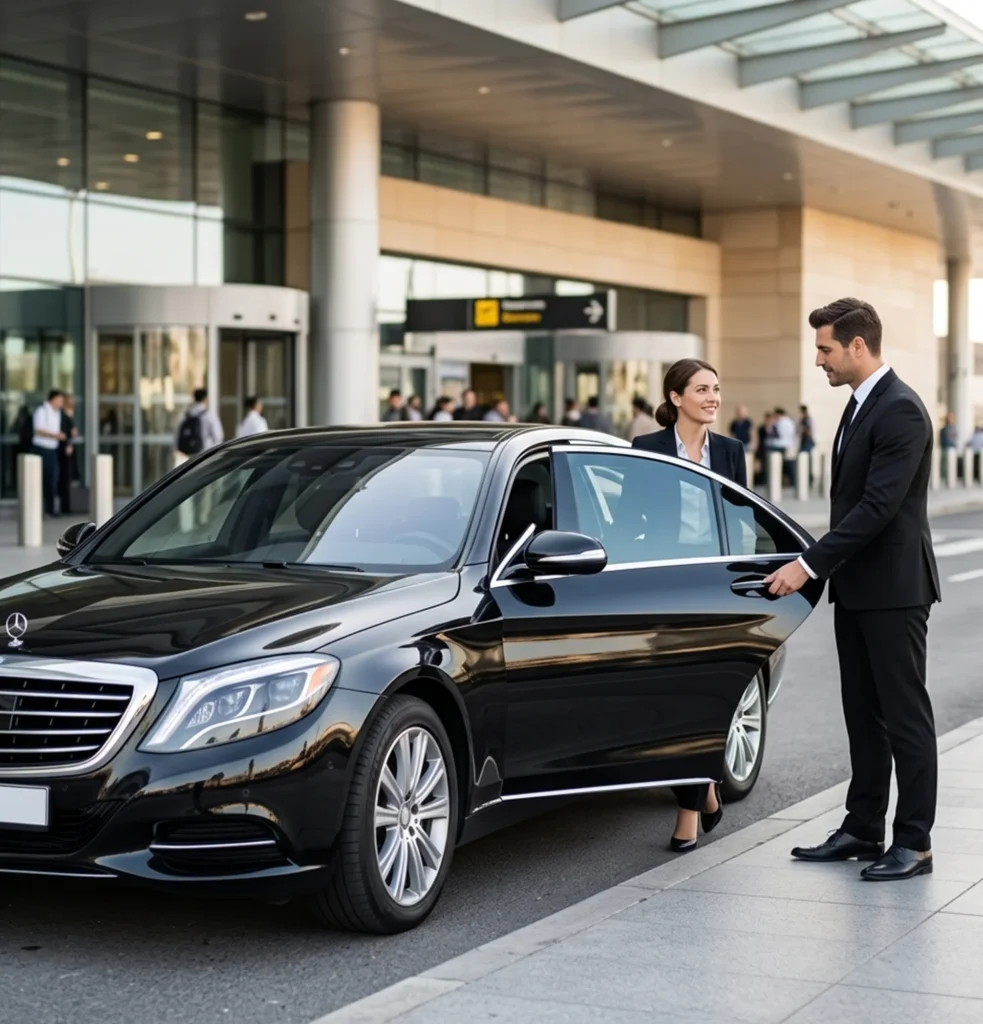 Why Choose a Limousine with a Chauffeur for Business and Airport Travel? 2 Chauffeur opened a door of sleek black Mercedes limousine, highlighting the elegance of a chauffeur-driven airport service