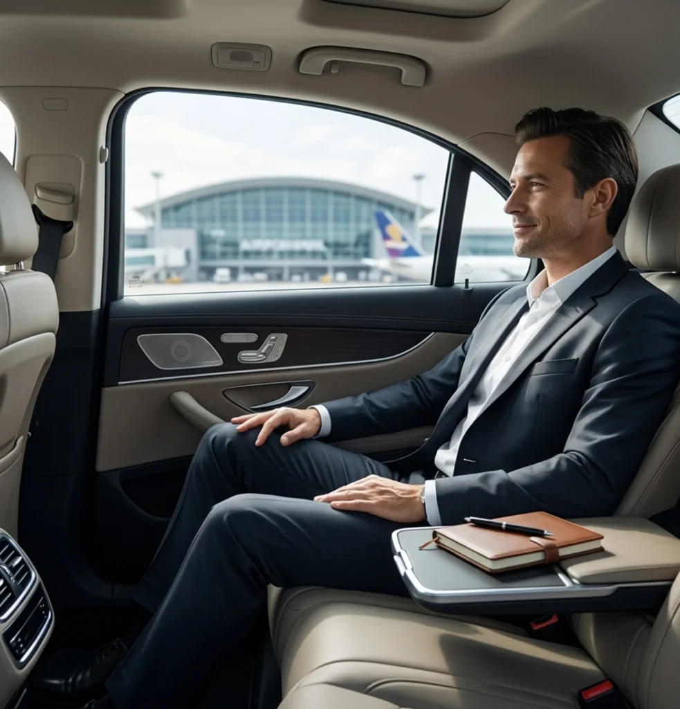 Why Choose a Limousine with a Chauffeur for Business and Airport Travel? 3 Professional man seated in a limousine with chauffeur showcasing comfort and elegance during business travel