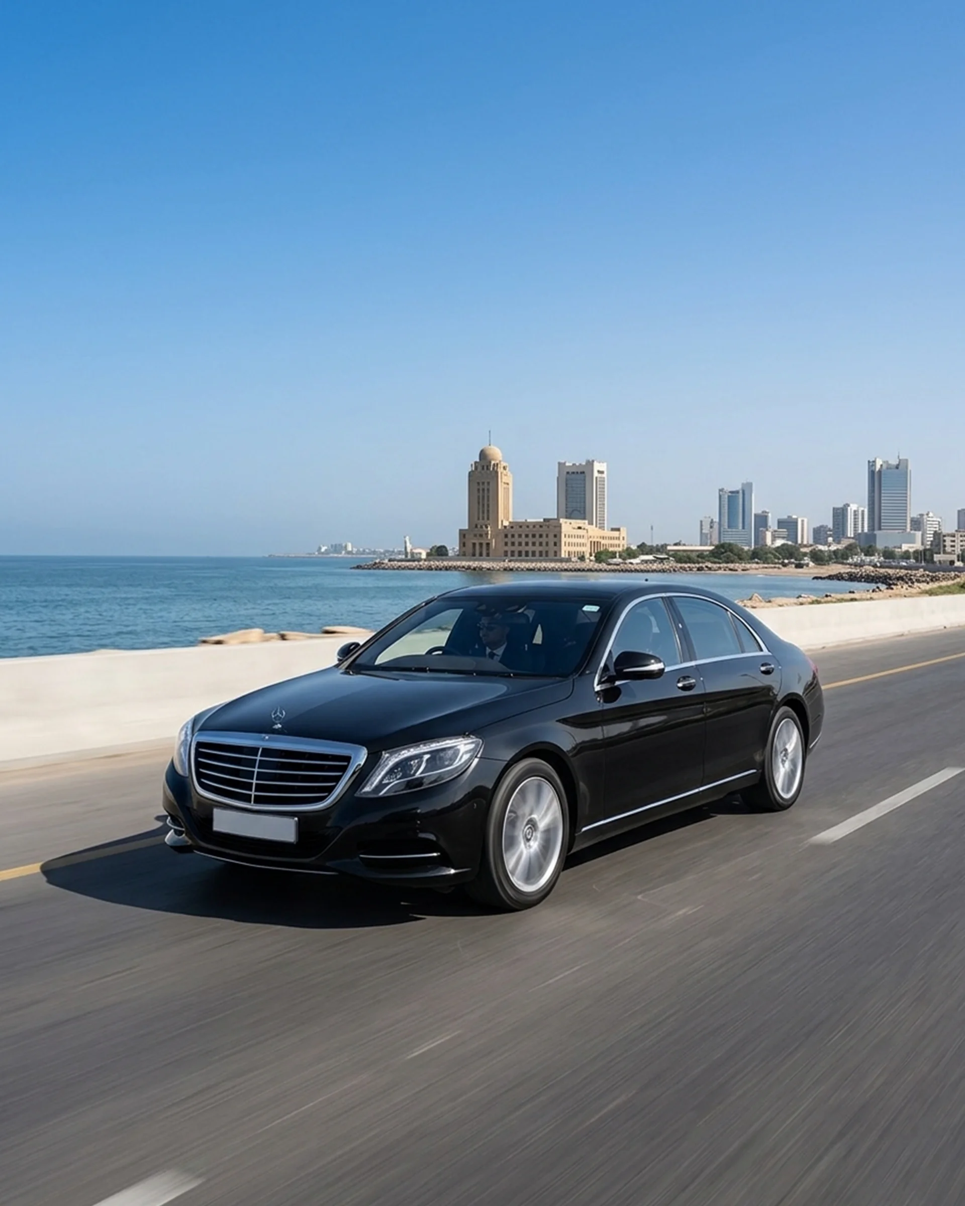 Why Are Executive Sedans the Smart Choice for Modern Travelers? 2 Sleek Mercedes-Benz S-Class navigating a beautiful road, representing the pinnacle of luxury in executive sedans
