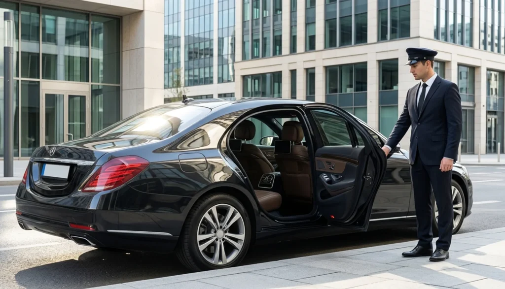 Home 22 Suited man stands beside a black limousine, highlighting the luxury of hiring a chauffeur for business and airport travel
